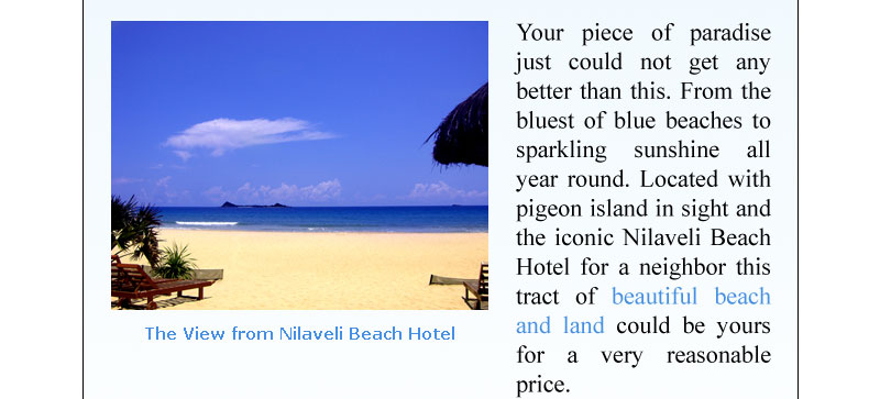 Your piece of paradise just could not get any better than this. From the bluest of blue beaches to sparkling sunshine all year round. Located with pigeon island in sight and the iconic Nilaveli Beach Hotel for a neighbor this tract of beautiful beach and land could be yours for a very reasonable price.