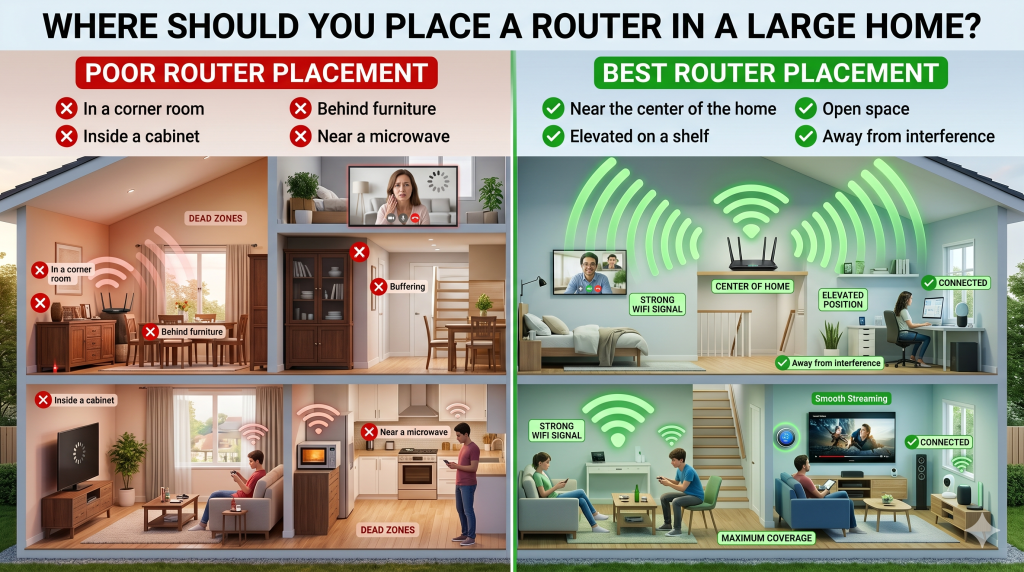 Best router placement in a large home showing central location, elevated position and strong WiFi coverage throughout multiple rooms.