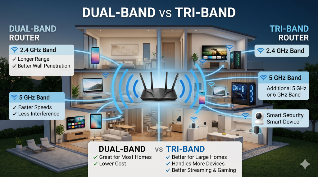 Dual-band and tri-band WiFi router comparison showing 2.4GHz, 5GHz and 6GHz wireless bands supporting multiple connected devices in a large home.