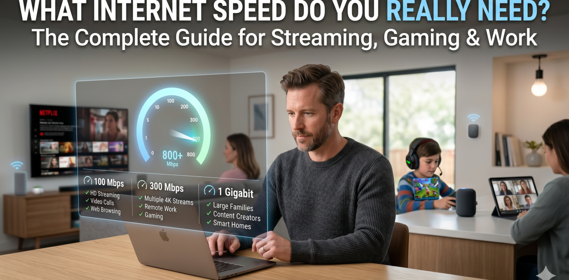 Home internet user comparing 100 Mbps, 300 Mbps and Gigabit internet plans while streaming, gaming and working online