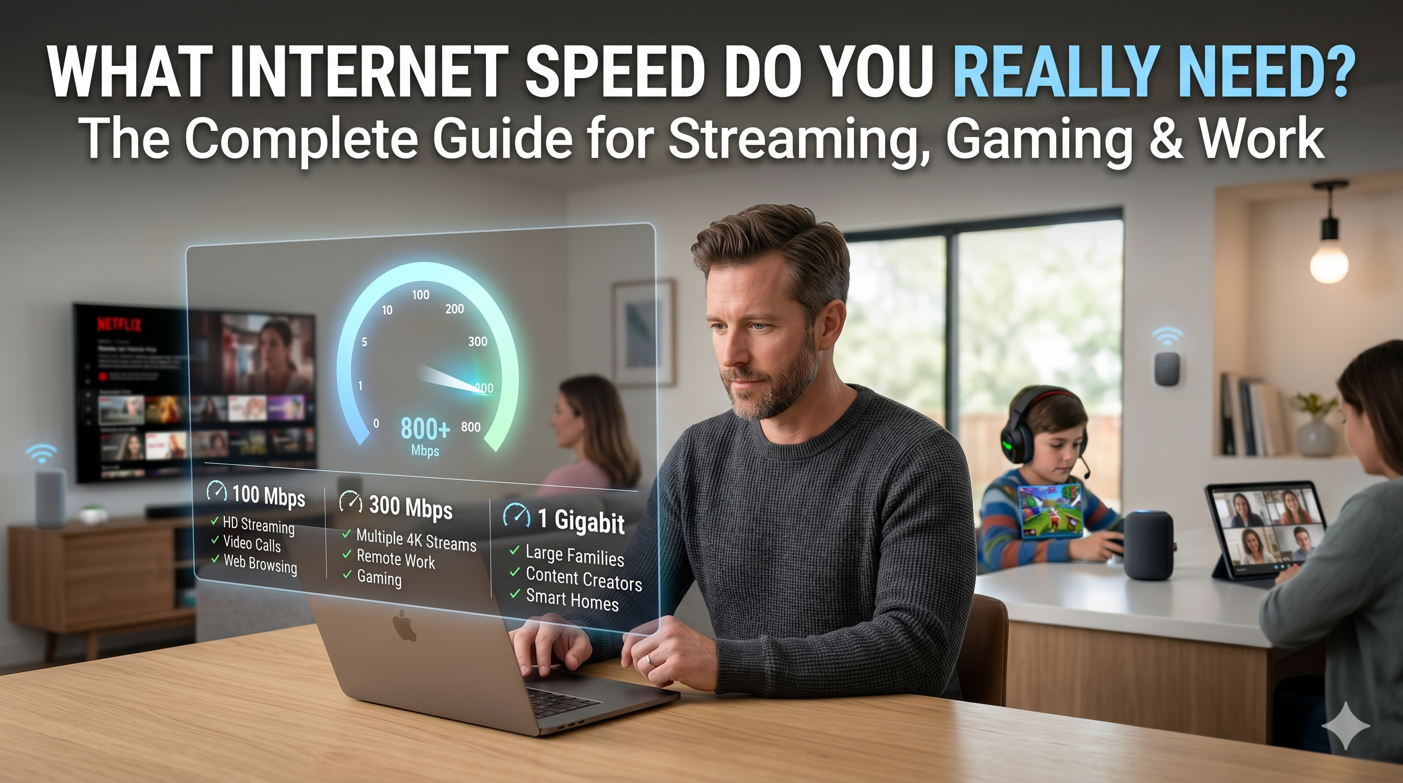 Home internet user comparing 100 Mbps, 300 Mbps and Gigabit internet plans while streaming, gaming and working online