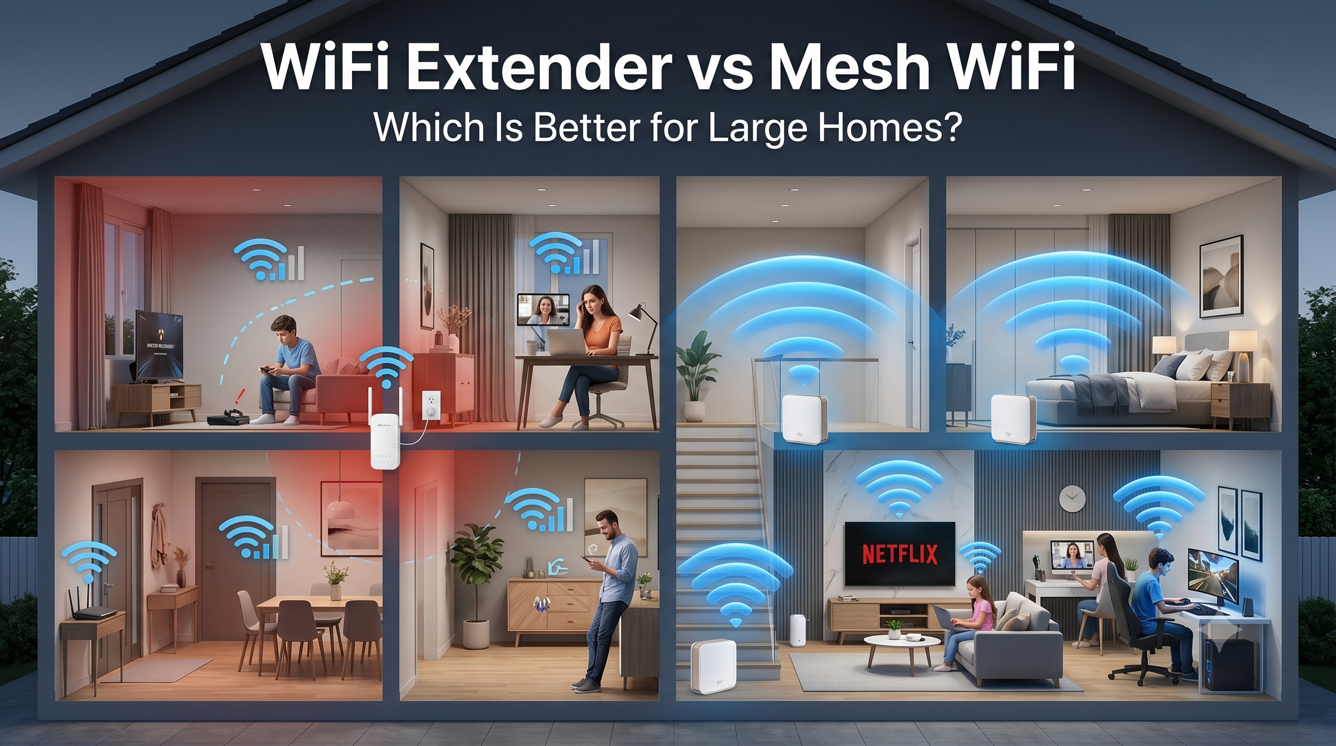 WiFi Extender vs Mesh WiFi comparison showing whole-home wireless coverage in a large modern house