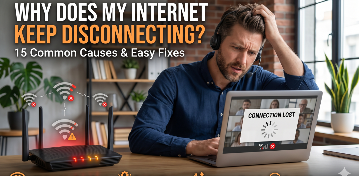 Frustrated man working from home while internet connection repeatedly disconnects, showing WiFi warning symbols and router troubleshooting concept.