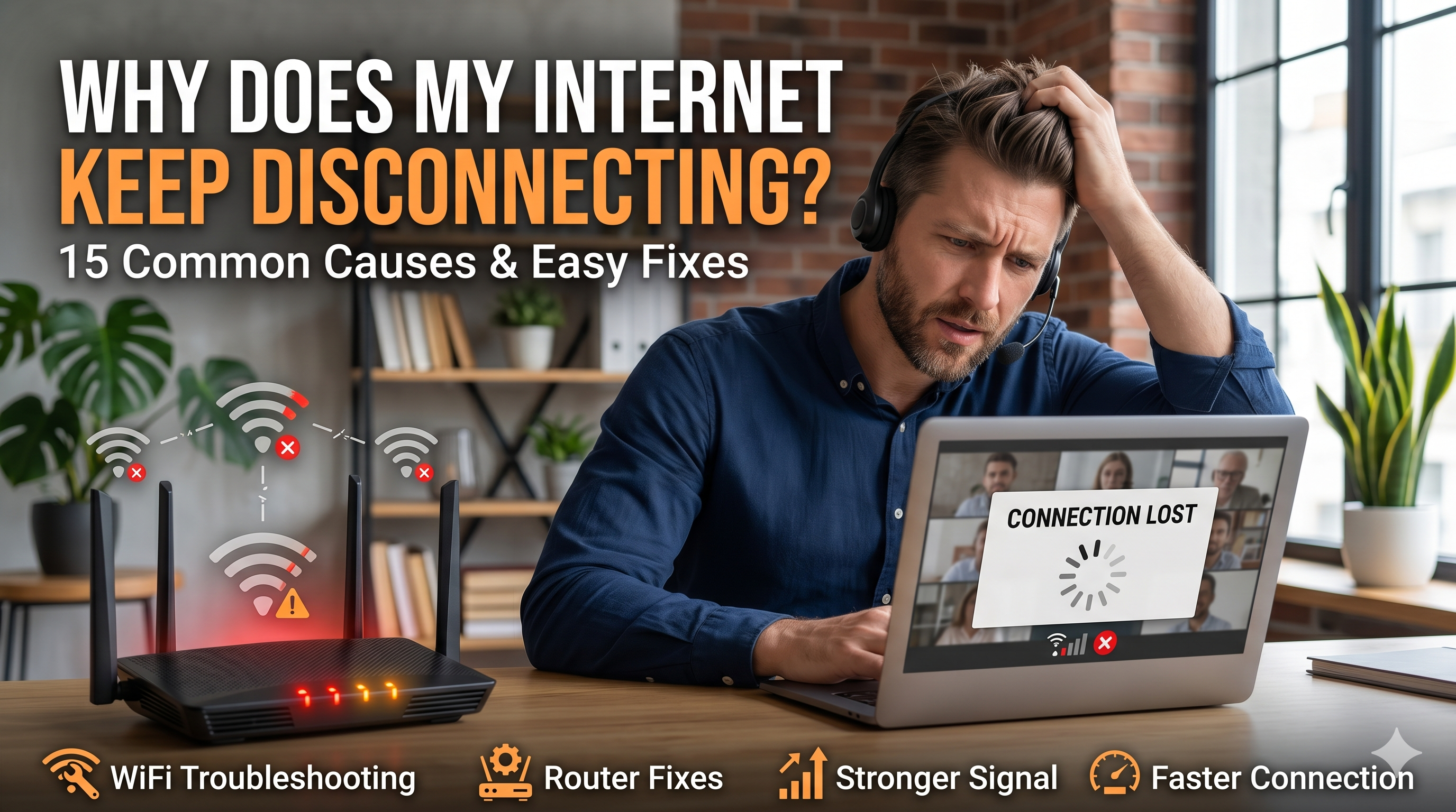 Frustrated man working from home while internet connection repeatedly disconnects, showing WiFi warning symbols and router troubleshooting concept.