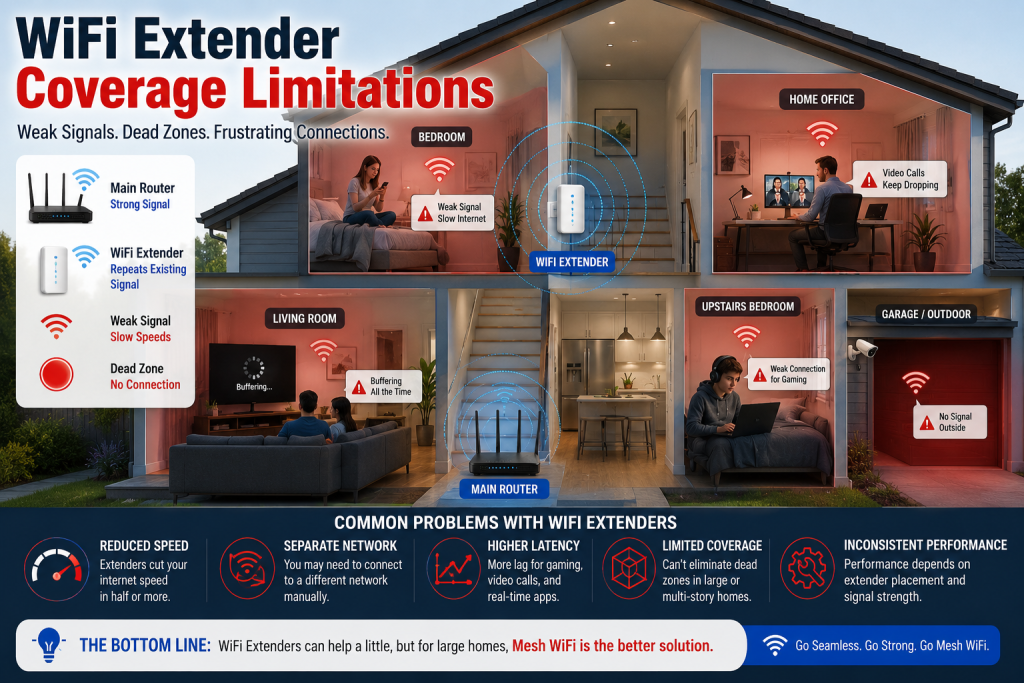 WiFi extender struggling to provide reliable wireless coverage in a large multi-story home