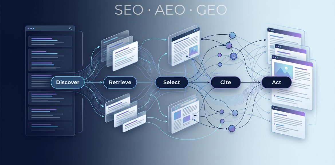 SEO, AEO and GEO Digital Visibility Stack showing Discover, Retrieve, Select, Cite and Act
