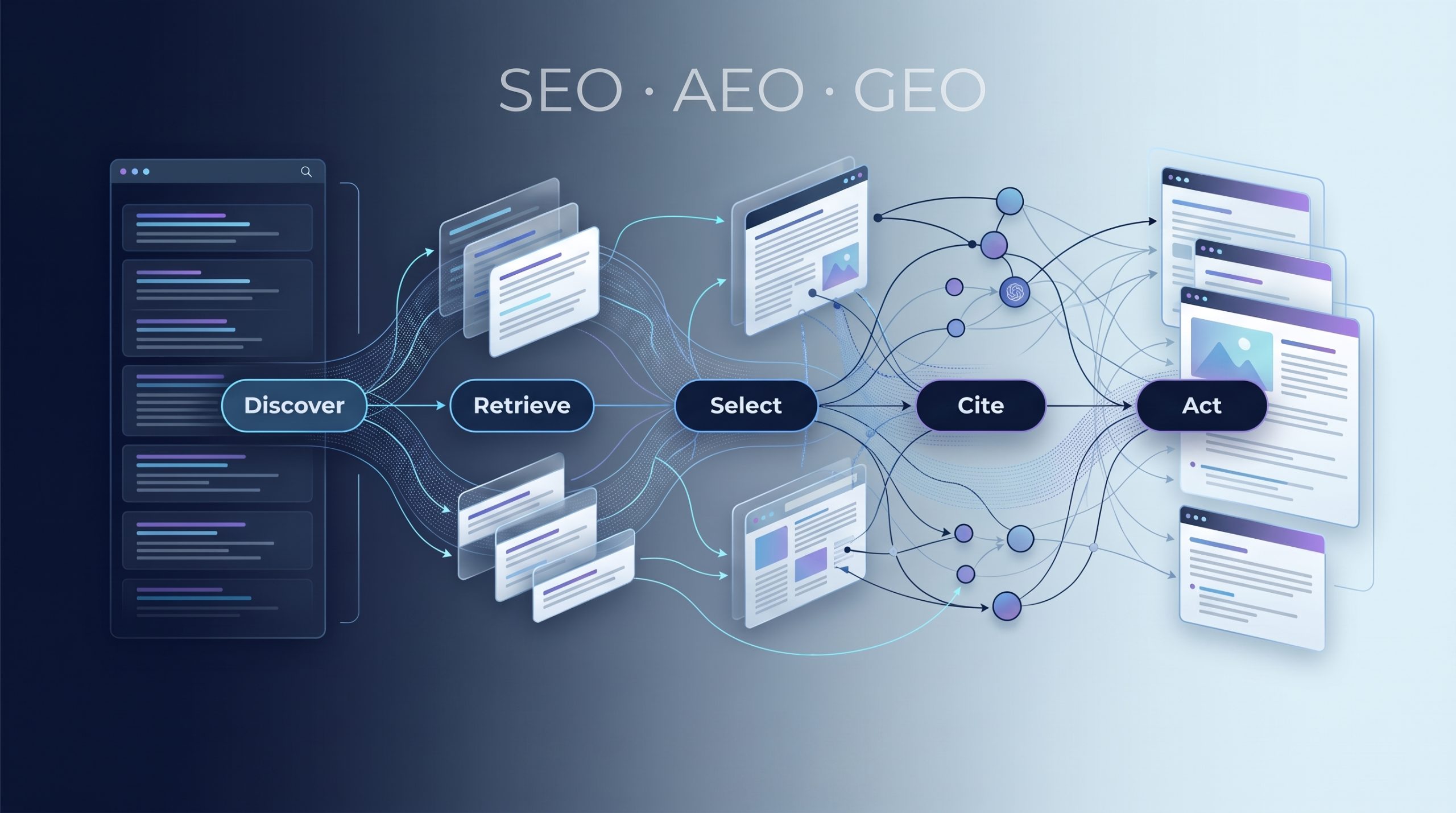 SEO, AEO and GEO Digital Visibility Stack showing Discover, Retrieve, Select, Cite and Act