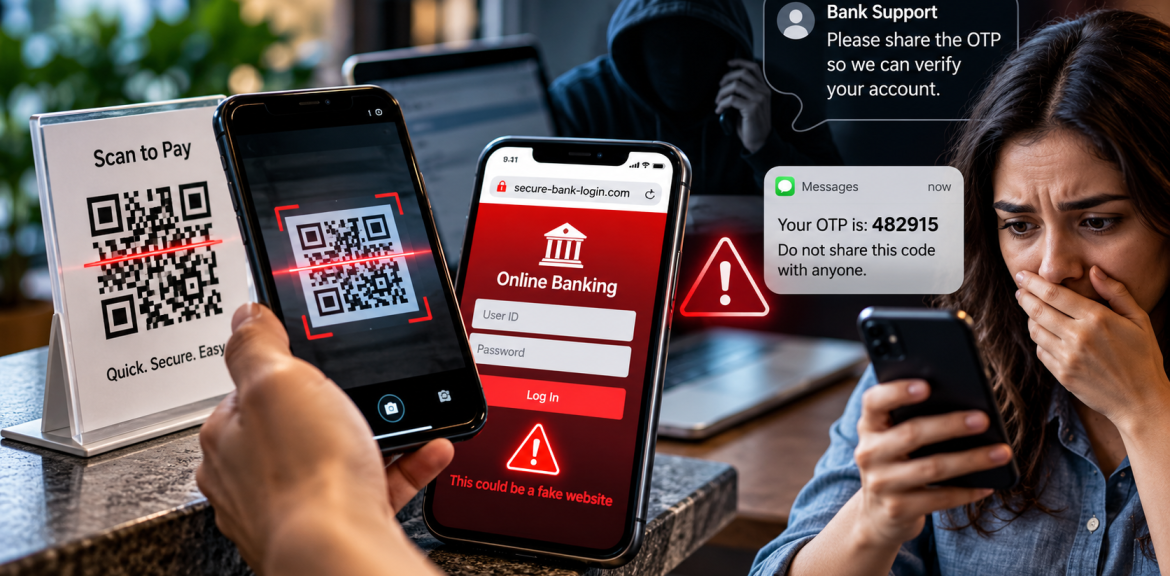 Person scanning a payment QR code beside a suspicious banking login screen and OTP scam warning