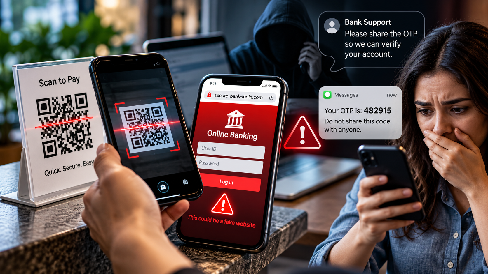 Person scanning a payment QR code beside a suspicious banking login screen and OTP scam warning